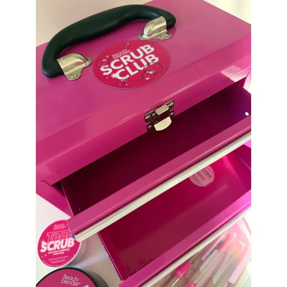 New Beauty Blender Tool Scrub Set 4 Makeup Brushes 2 Solid Soap Pink Metal Case